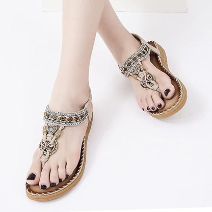 Aomigoct Sandals Women Flat Shoes: Dressy Summer Bohemian Flats Shoes for Women Sandals Comfortable Ankle Strap Outdoor Walking