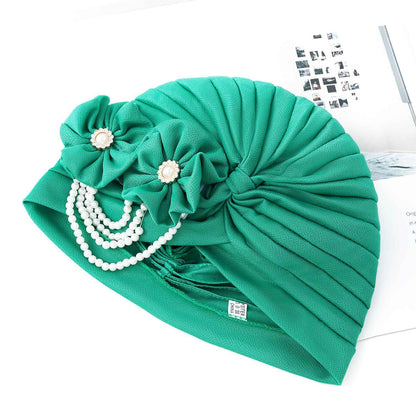 Woeoe Pearl Flower African Hats Pre-Tied Turbans Stretchy Twisted Church Wedding Head Wraps for Women