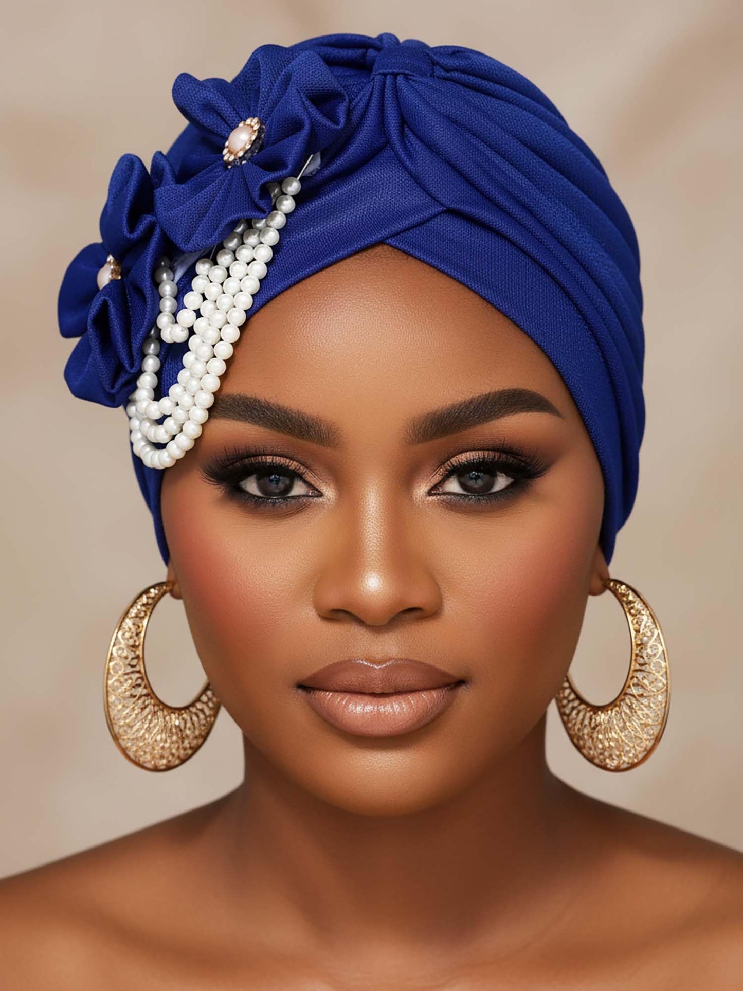 Woeoe Pearl Flower African Hats Pre-Tied Turbans Stretchy Twisted Church Wedding Head Wraps for Women