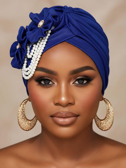 Woeoe Pearl Flower African Hats Pre-Tied Turbans Stretchy Twisted Church Wedding Head Wraps for Women