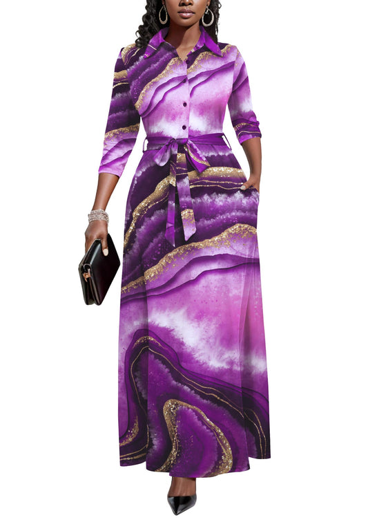 Runwind Women Church Maxi Dresses 3/4 Sleeve Button Down Print Casual Office Dress African