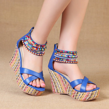 getmorebeauty Women's Wedge Sandals With Pearls Across The Top Platform Sandals High Heels