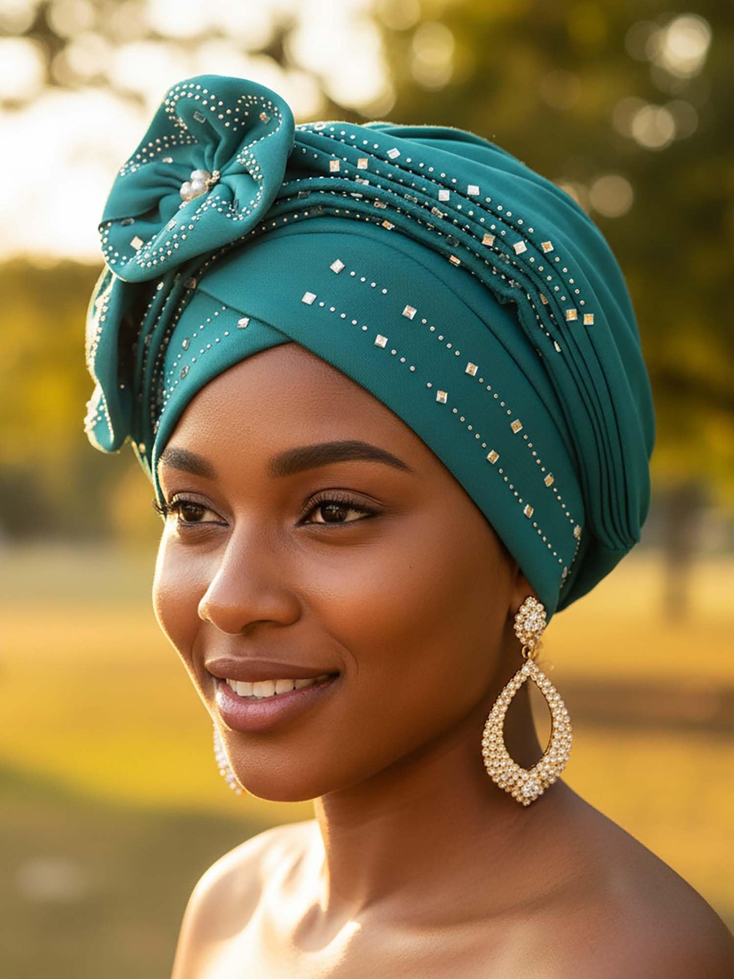 Woeoe Beanie Cap Head Wrap Black Rhinestones Head Scarf Flower Pearls Twisted Head Turban for Women Girls