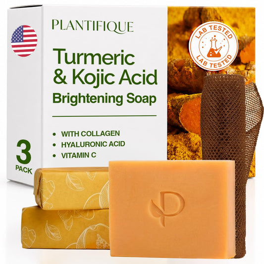 PLANTIFIQUE Kojic Acid & Turmeric Soap for Dark Spots, Lab Tested, 3 Pack