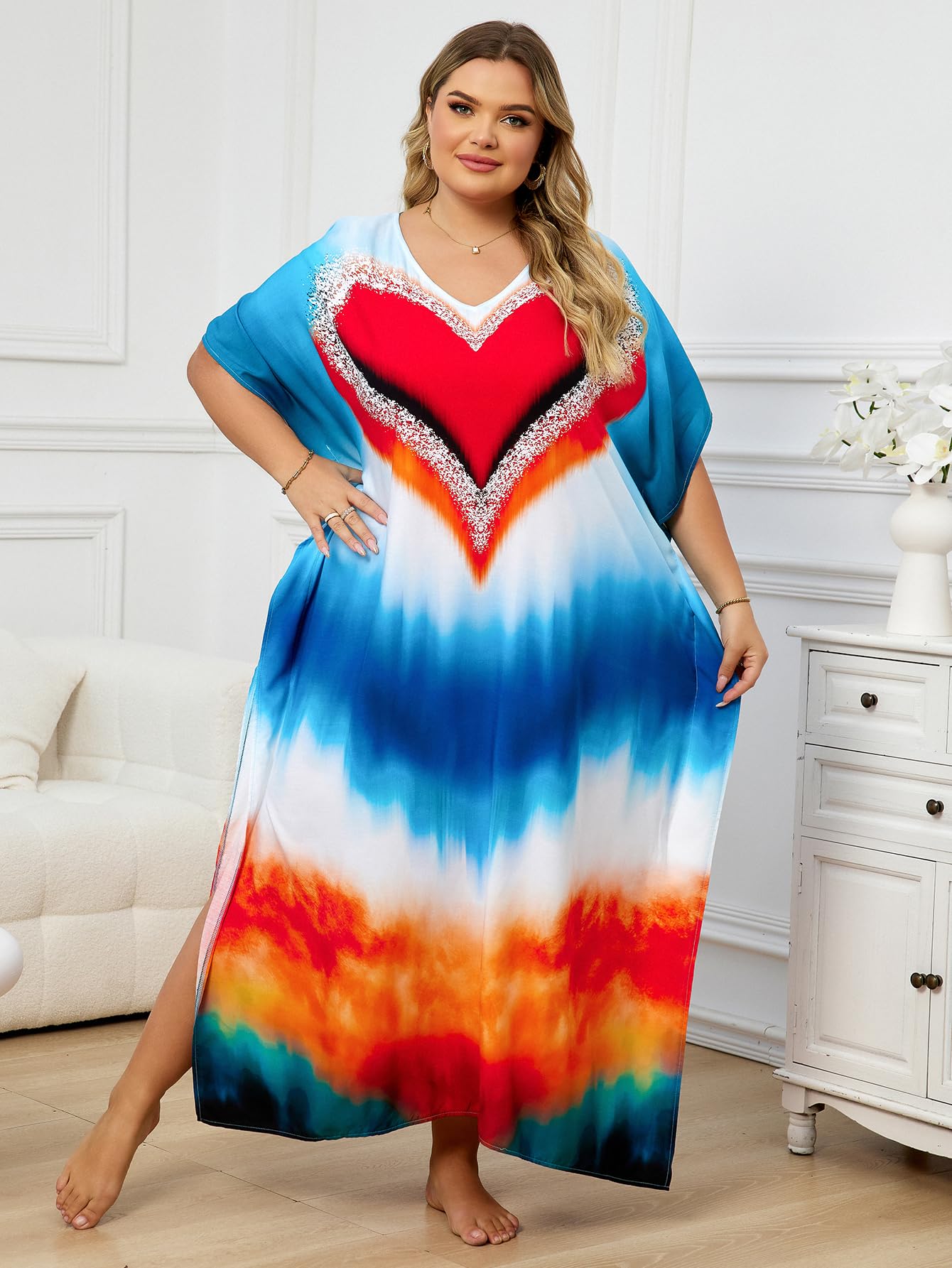 KECVOT Kaftan Dresses for Women V-Neck Print Swimsuit Cover Up Plus Size Beach Caftan Lounge Dress