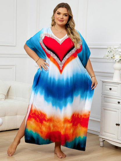 KECVOT Kaftan Dresses for Women V-Neck Print Swimsuit Cover Up Plus Size Beach Caftan Lounge Dress