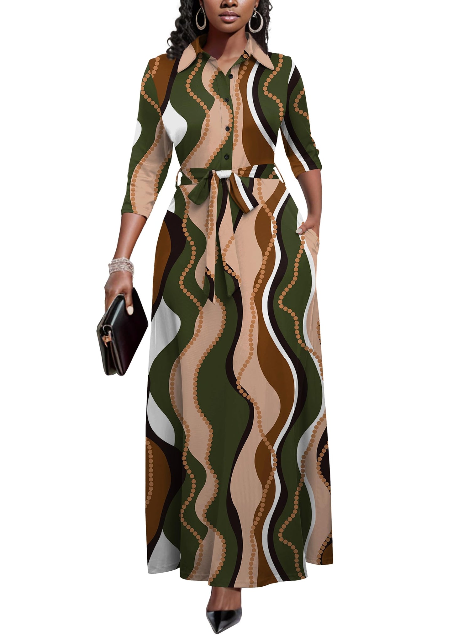 Rumwind Maxi Dresses for Women, 3/4 Sleeve Shirt Collar Casual Afircan Print Church Dress Button Down with Belt and Pockets