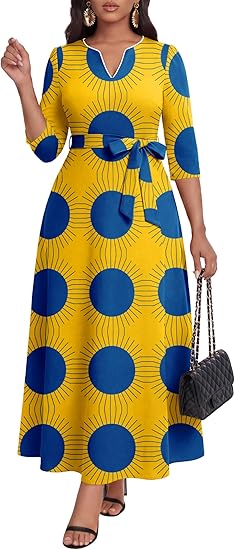 FANDEE African Attire Dresses for Women Elegant Print V Neck 3/4 Sleeve Belted Long Maxi Church Vintage Party Outfits