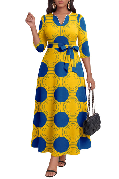 FANDEE African Attire Dresses for Women Elegant Print V Neck 3/4 Sleeve Belted Long Maxi Church Vintage Party Outfits