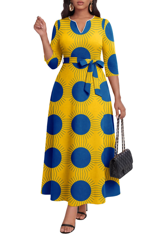 FANDEE African Attire Dresses for Women Elegant Print V Neck 3/4 Sleeve Belted Long Maxi Church Vintage Party Outfits