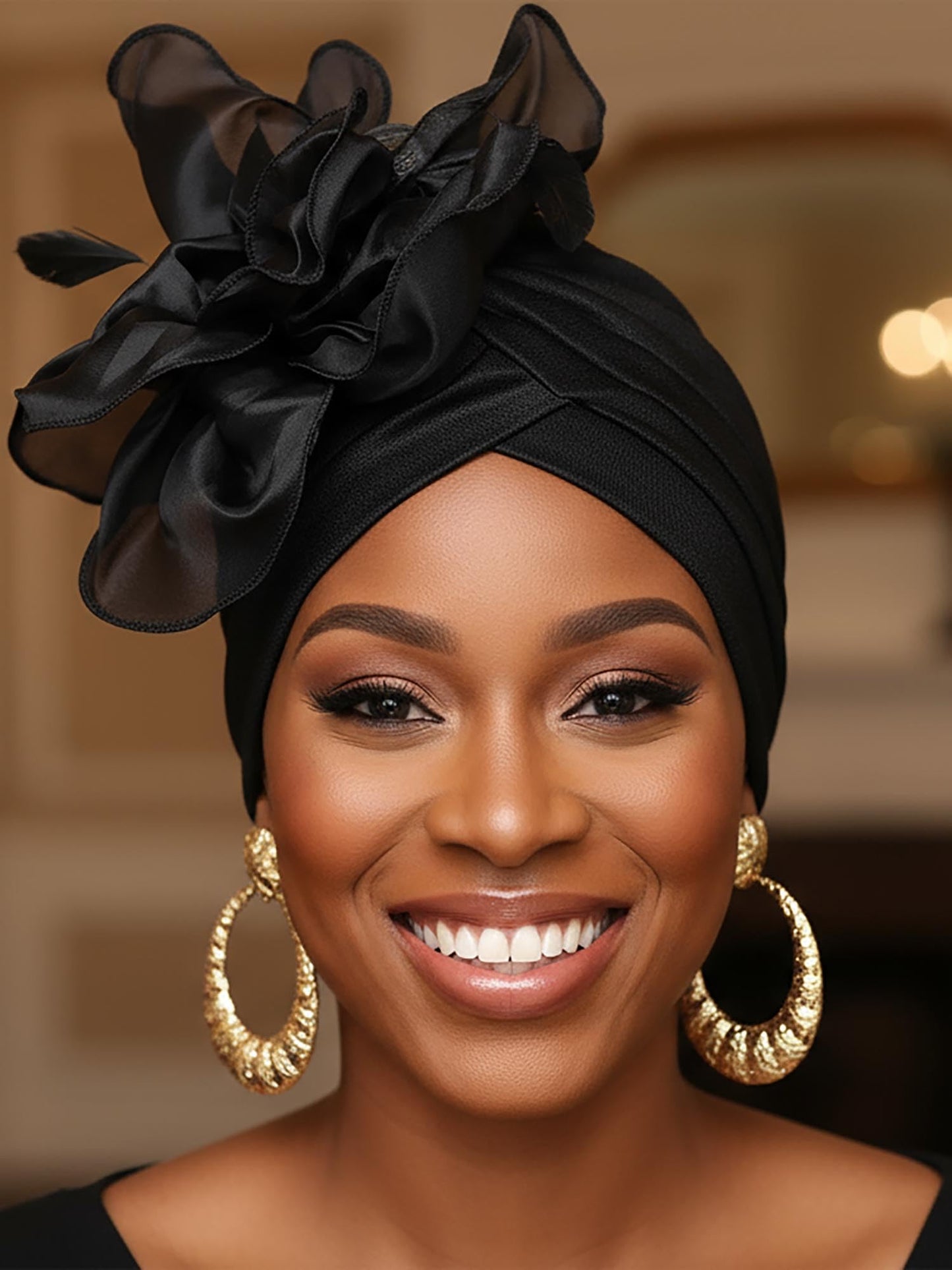 Woeoe Flower Turban Cap 20s Feather Fascinator Headwrap for Women