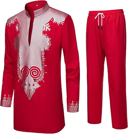 YND Men’s 2 Piece Set African Dashiki Shirt and Pants, Outfit with Gold Print