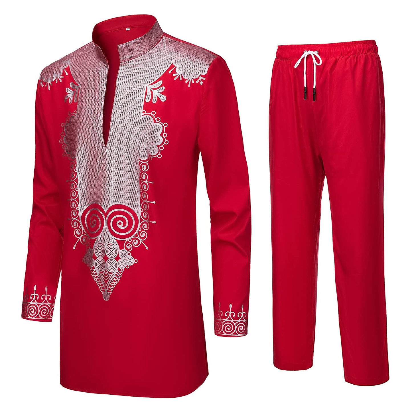YND Men’s 2 Piece Set African Dashiki Shirt and Pants, Outfit with Gold Print