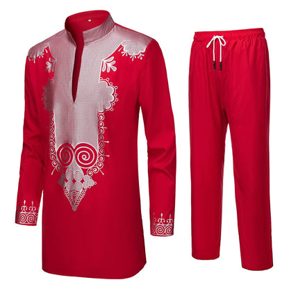 YND Men’s 2 Piece Set African Dashiki Shirt and Pants, Outfit with Gold Print