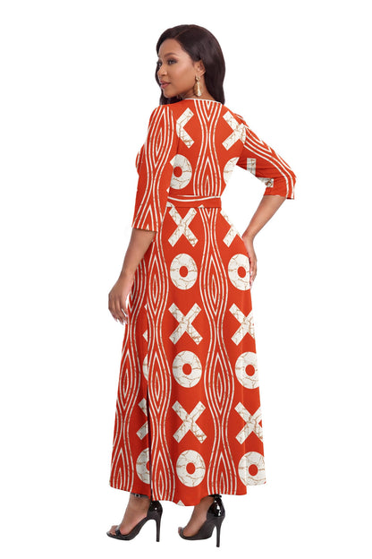 FANDEE African Attire Dresses for Women Elegant Print V Neck 3/4 Sleeve Belted Long Maxi Church Vintage Party Outfits
