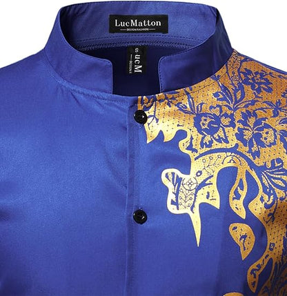 LucMatton Men's 2 Piece Outfits Long Sleeve Button Down African Dashiki Shirts and Pants Set Traditional Ethnic Suits