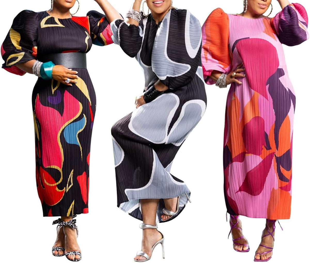 Women Colorful African Dress Floral Party Pleated Maxi Dress