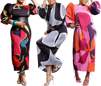 Women Colorful African Dress Floral Party Pleated Maxi Dress