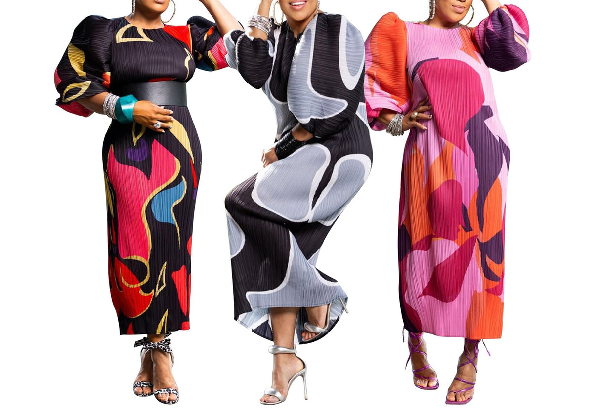 Women Colorful African Dress Floral Party Pleated Maxi Dress