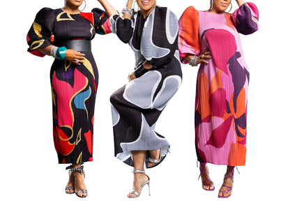 Women Colorful African Dress Floral Party Pleated Maxi Dress