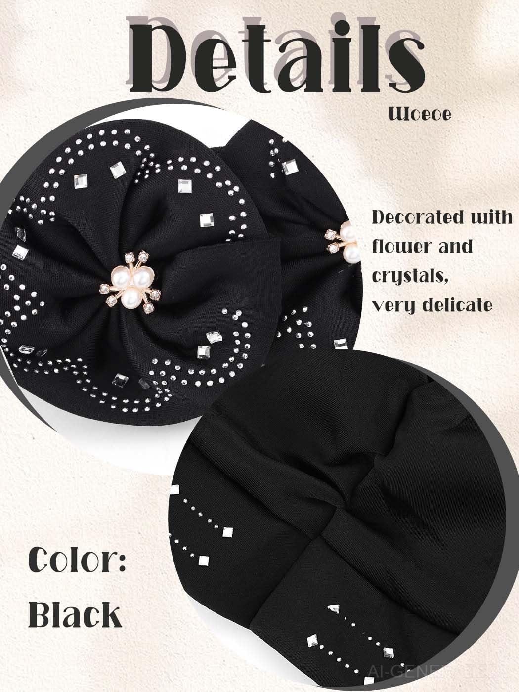 Woeoe Beanie Cap Head Wrap Black Rhinestones Head Scarf Flower Pearls Twisted Head Turban for Women Girls