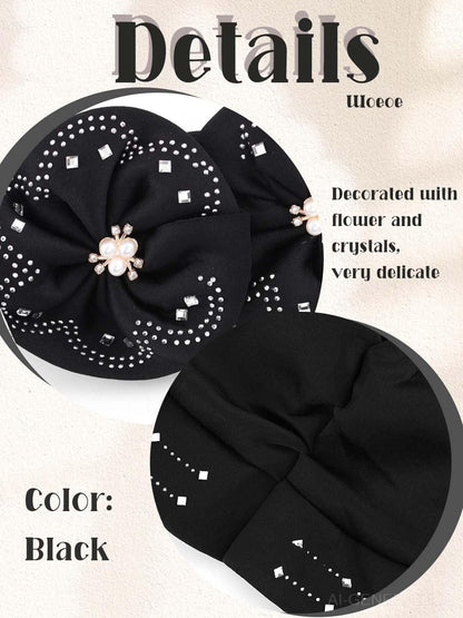 Woeoe Beanie Cap Head Wrap Black Rhinestones Head Scarf Flower Pearls Twisted Head Turban for Women Girls