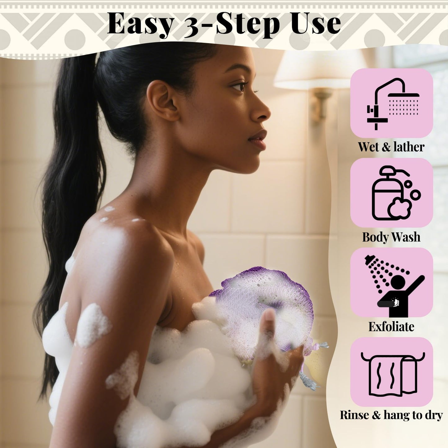 African Net Sponge Authentic-4 Packs African Exfoliating Net Sponge,Bath Sponges for Shower,42 inch Long for Normal to Sensitive Skin, for Daily use, Body Exfoliator Shower (Green,Pink,Blue,Grey)