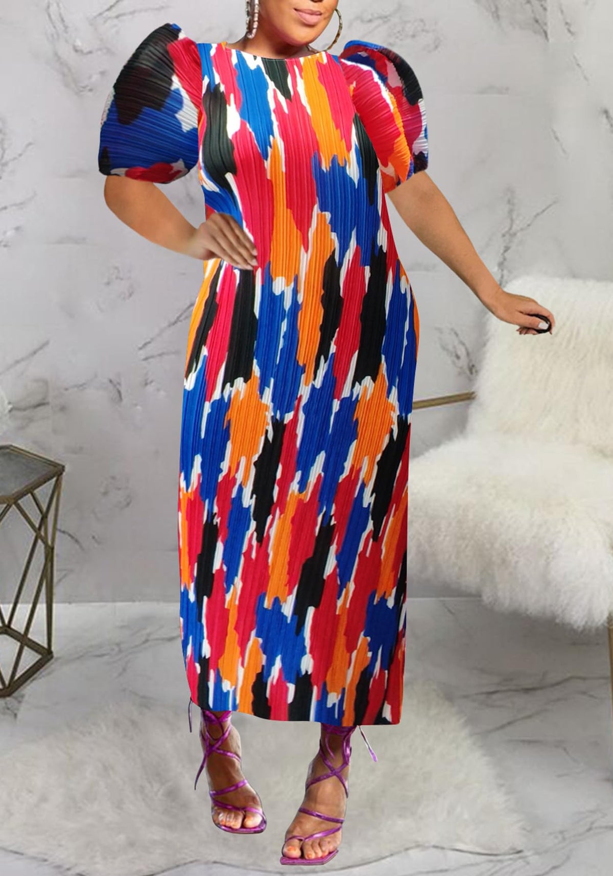 Women Colorful African Dress Floral Party Pleated Maxi Dress