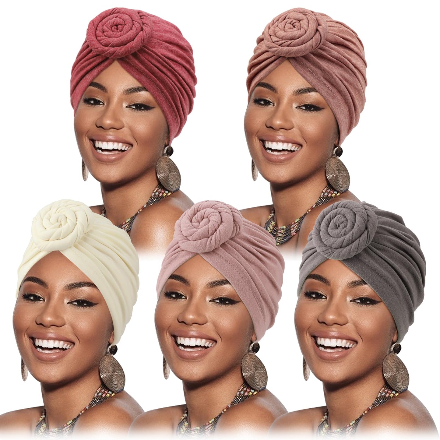 DRESHOW 5 Pack Knotted Headwraps for Women African Turban Pre-Knotted Beanie Headwraps Hair Covers