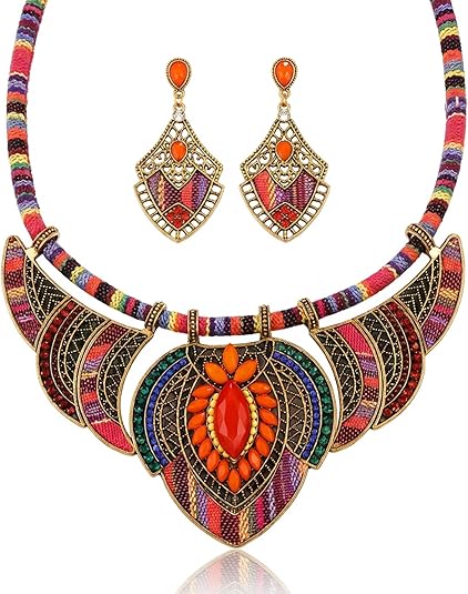 African Tribal Jewelry Set for Women - 2pcs Chunky Colorful Boho Vintage Statement Necklace Earrings Bib Choker Festival Costume Ethnic Accessories