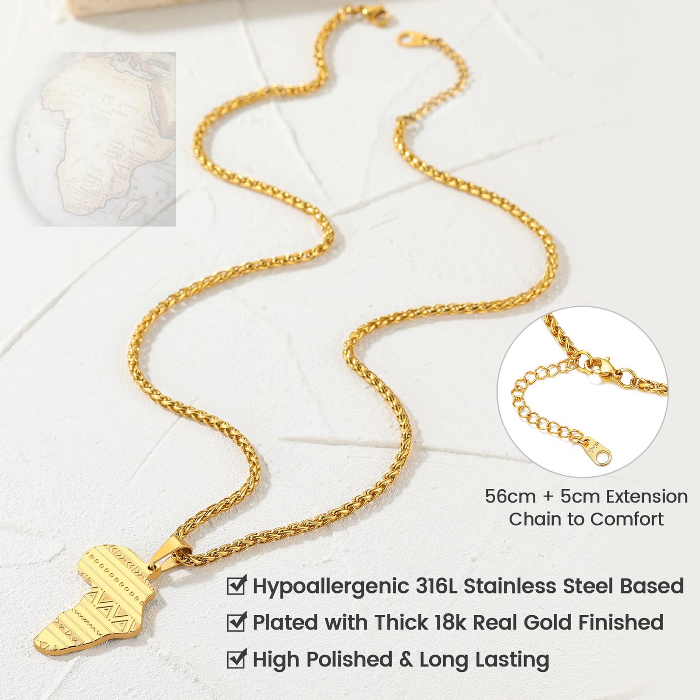 GOLDCHIC JEWELRY Africa Map Necklace for Men, Stainless Steel African Tribal/Egyptian Eye of Horus/I LOVE AFRICA/Elephant Map Hiphop Jewelry Unisex with 22'+2'Adjustable Chain