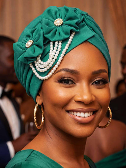 Woeoe Pearl Flower African Hats Pre-Tied Turbans Stretchy Twisted Church Wedding Head Wraps for Women