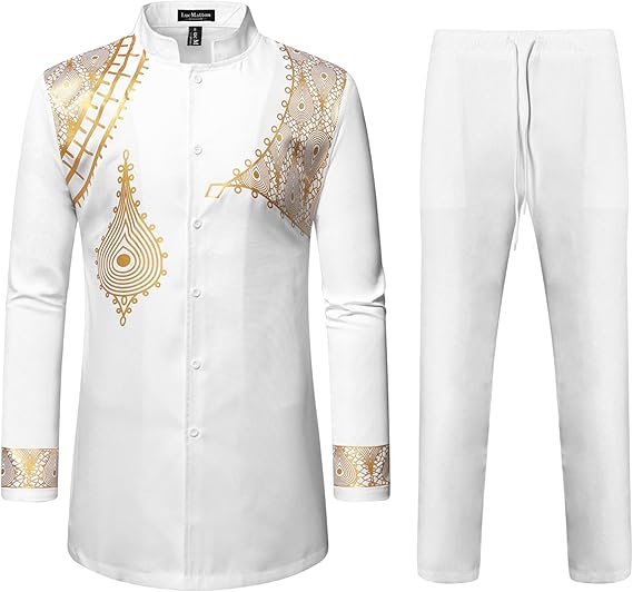 LucMatton Men's 2 Piece Outfits Long Sleeve Button Down African Dashiki Shirts and Pants Set Traditional Ethnic Suits