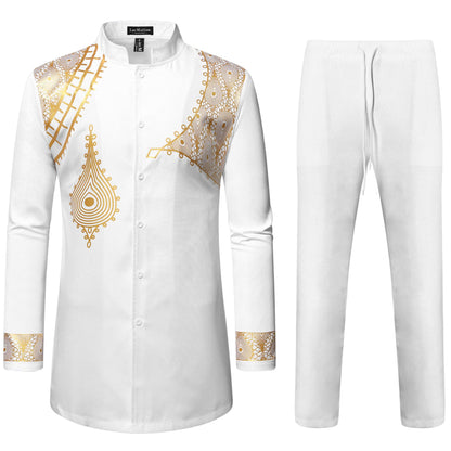 LucMatton Men's 2 Piece Outfits Long Sleeve Button Down African Dashiki Shirts and Pants Set Traditional Ethnic Suits