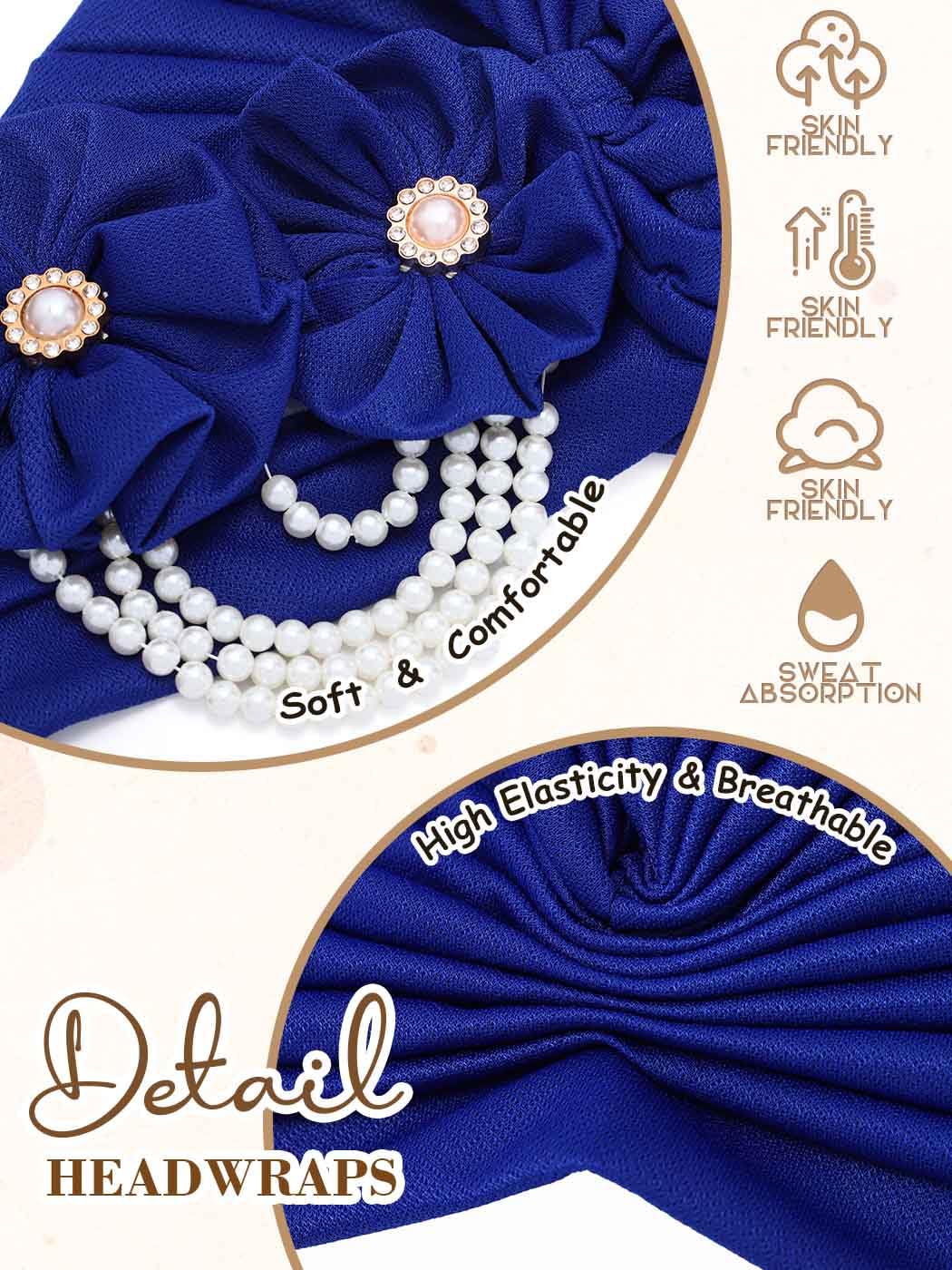 Woeoe Pearl Flower African Hats Pre-Tied Turbans Stretchy Twisted Church Wedding Head Wraps for Women