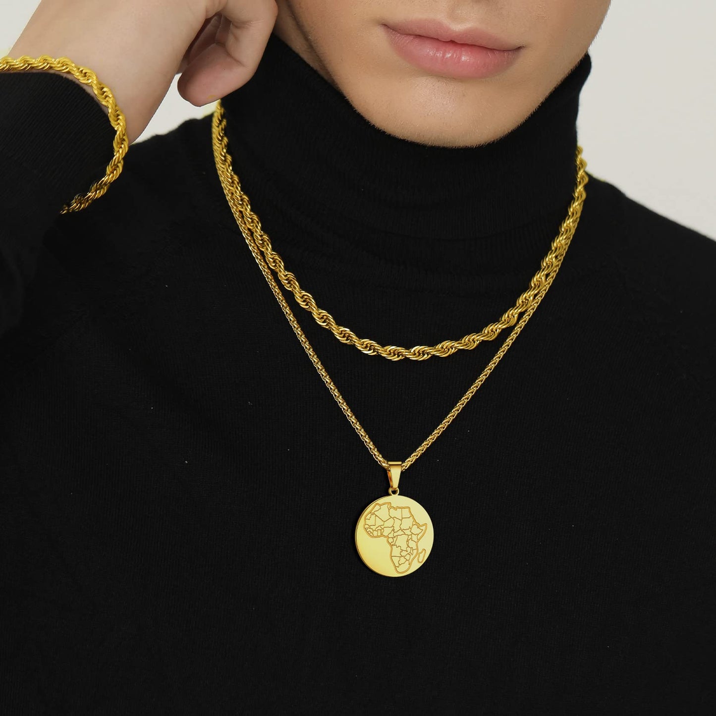 GOLDCHIC JEWELRY Africa Map Necklace for Men, Stainless Steel African Tribal/Egyptian Eye of Horus/I LOVE AFRICA/Elephant Map Hiphop Jewelry Unisex with 22'+2'Adjustable Chain