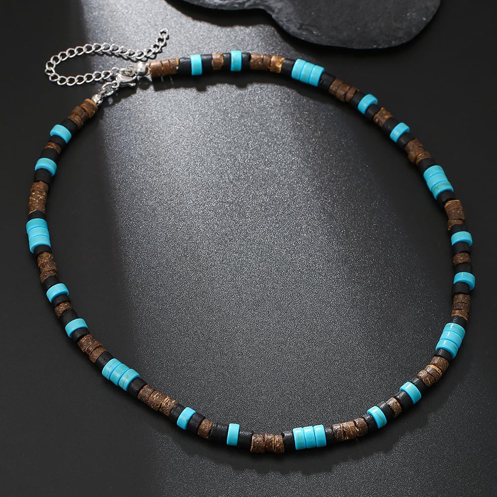 Beaded Necklace for Men,Handmade Men Turquoise Beaded Choker,Natural Wood Bead Necklaces Africa Wooden Chain Statement Unisex Strand Necklaces Hip Hop Beach Jewelry