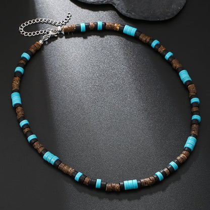 Beaded Necklace for Men,Handmade Men Turquoise Beaded Choker,Natural Wood Bead Necklaces Africa Wooden Chain Statement Unisex Strand Necklaces Hip Hop Beach Jewelry