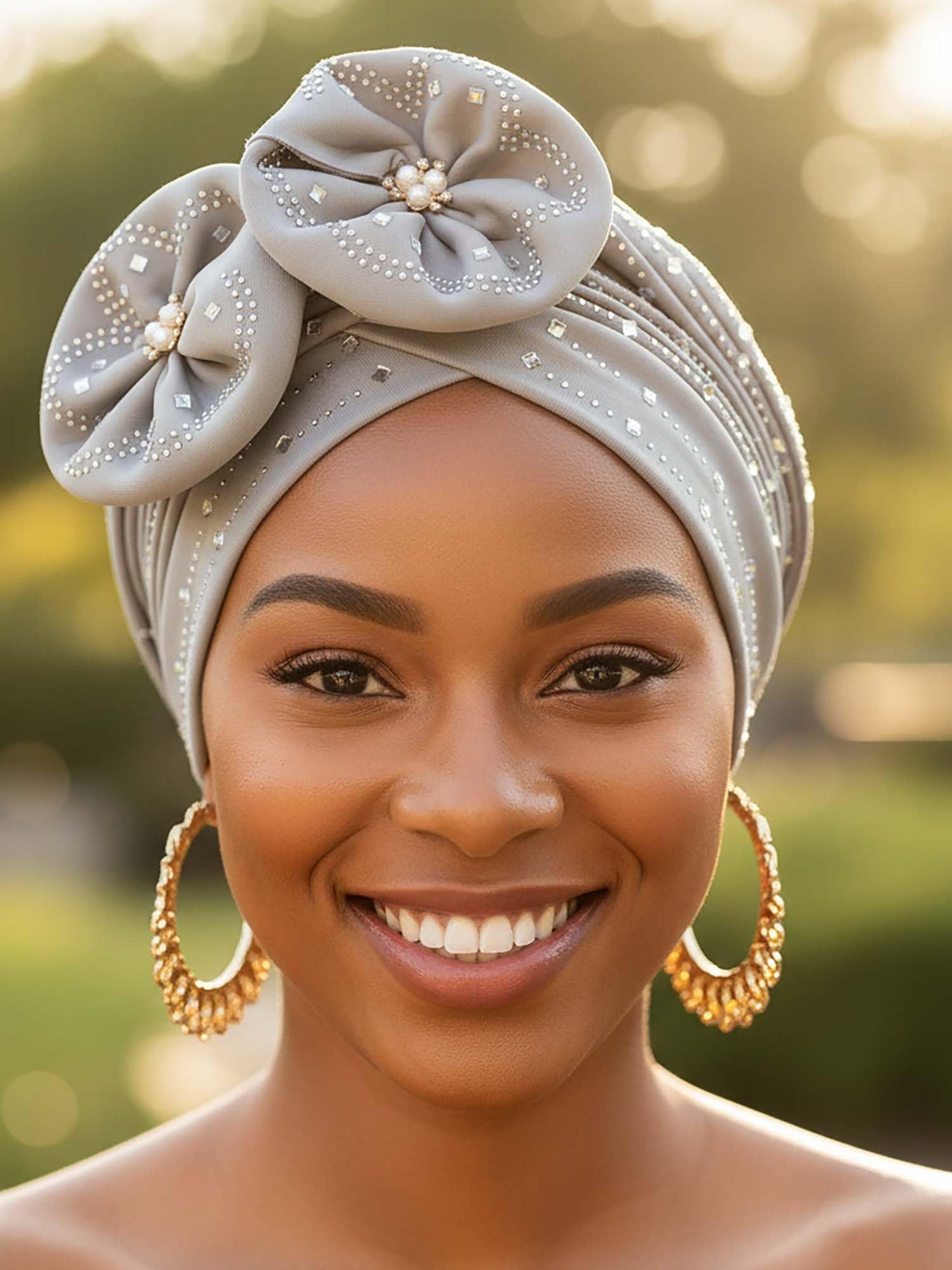 Woeoe Beanie Cap Head Wrap Black Rhinestones Head Scarf Flower Pearls Twisted Head Turban for Women Girls