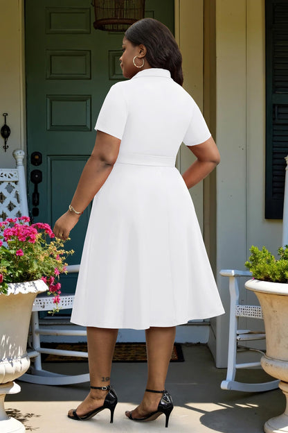 FANDEE Plus Size Dresses, Women Summer Casual V Neck Short Sleeve A-Line Work Cocktail Shirt Midi Dress with Belt and Pockets