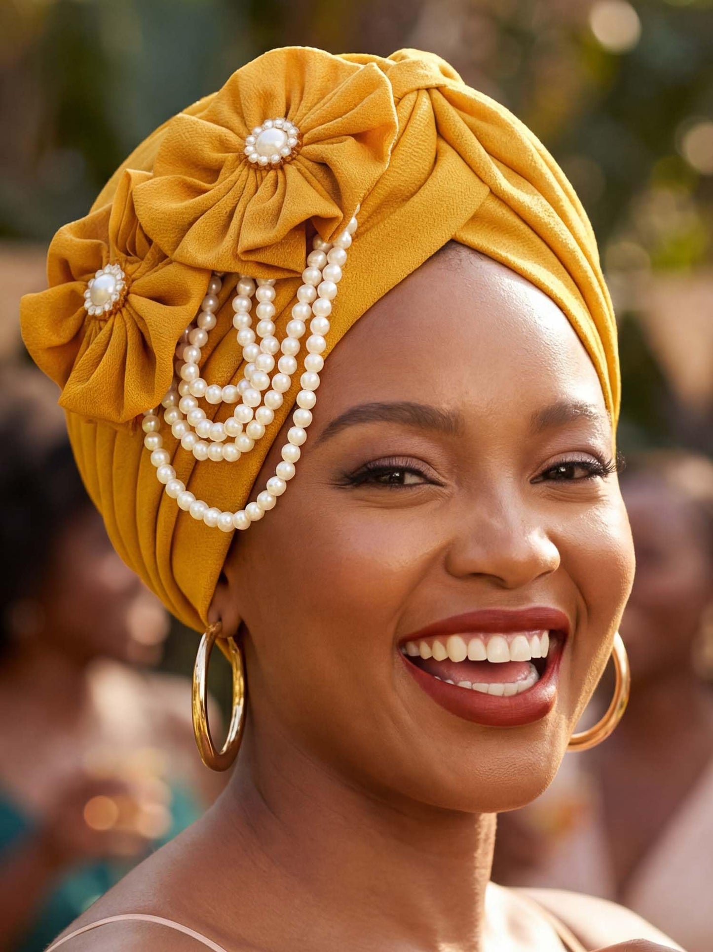 Woeoe Pearl Flower African Hats Pre-Tied Turbans Stretchy Twisted Church Wedding Head Wraps for Women