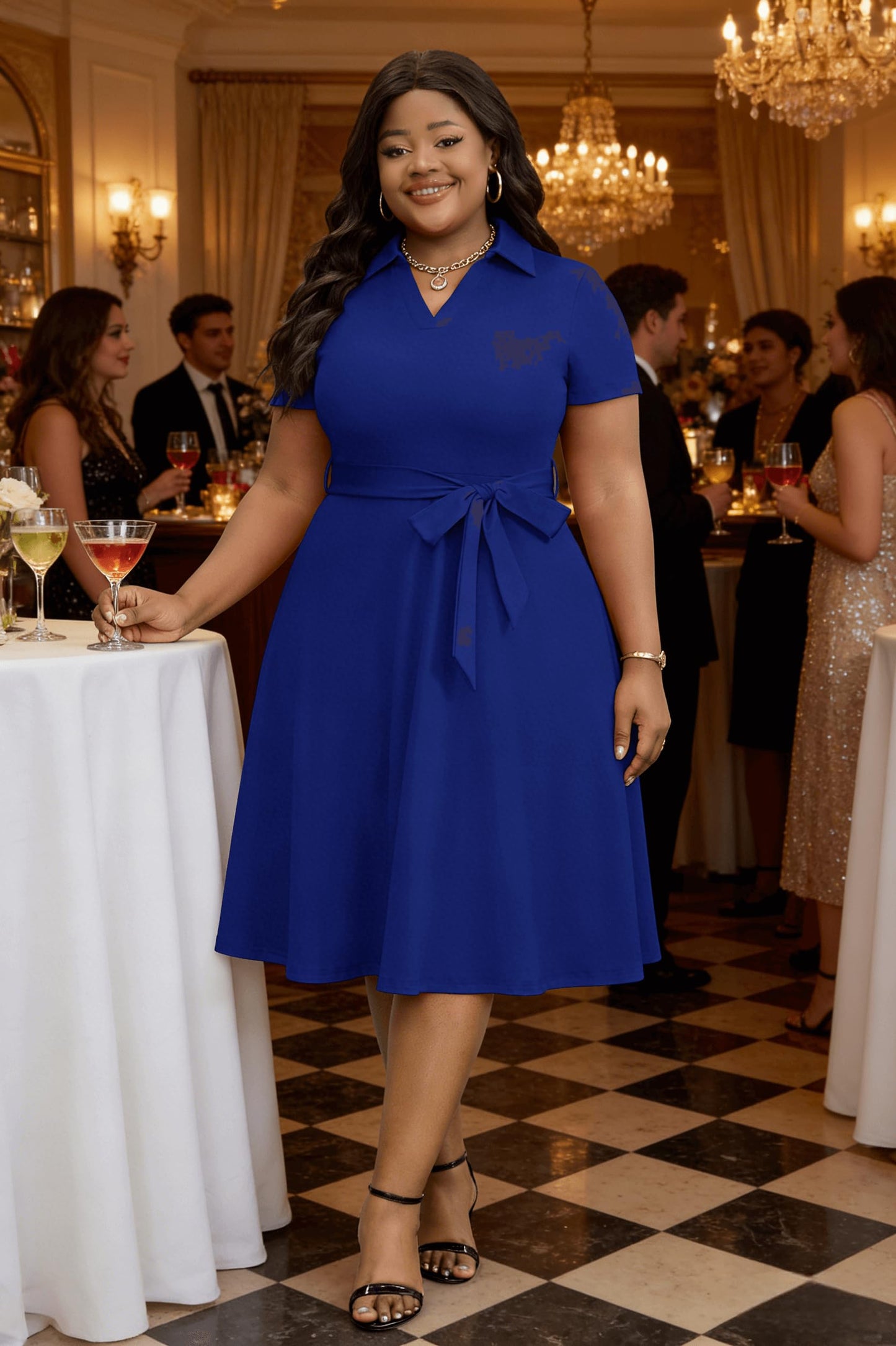 FANDEE Plus Size Dresses, Women Summer Casual V Neck Short Sleeve A-Line Work Cocktail Shirt Midi Dress with Belt and Pockets