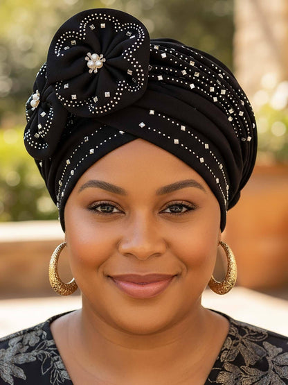 Woeoe Beanie Cap Head Wrap Black Rhinestones Head Scarf Flower Pearls Twisted Head Turban for Women Girls