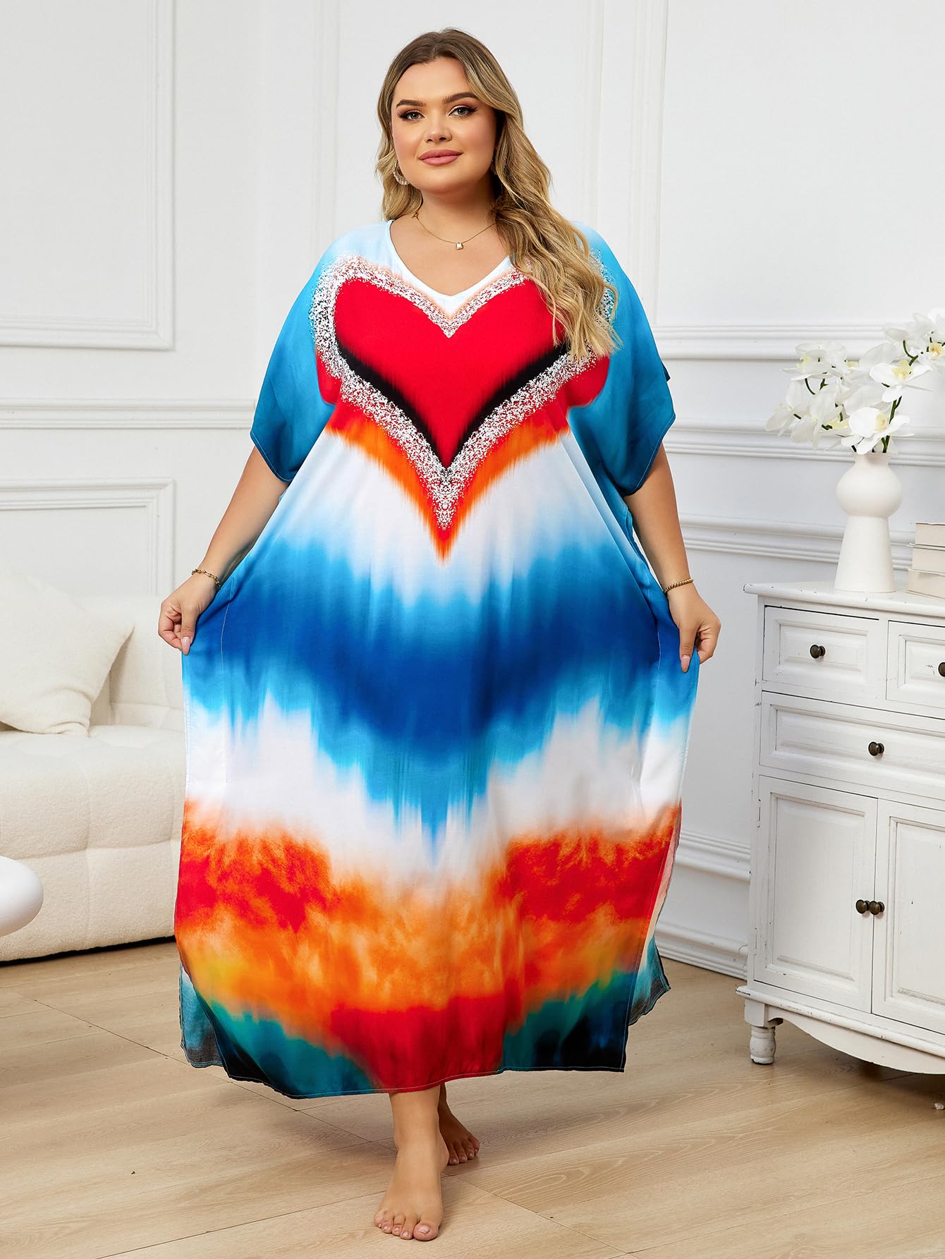 KECVOT Kaftan Dresses for Women V-Neck Print Swimsuit Cover Up Plus Size Beach Caftan Lounge Dress