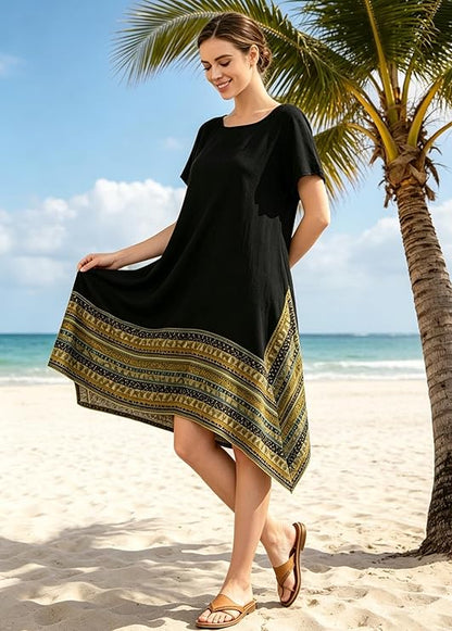 Minibee Women's Ethnic Cotton Linen Short/Long Sleeves Irregular Dress
