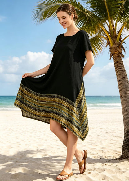 Minibee Women's Ethnic Cotton Linen Short/Long Sleeves Irregular Dress