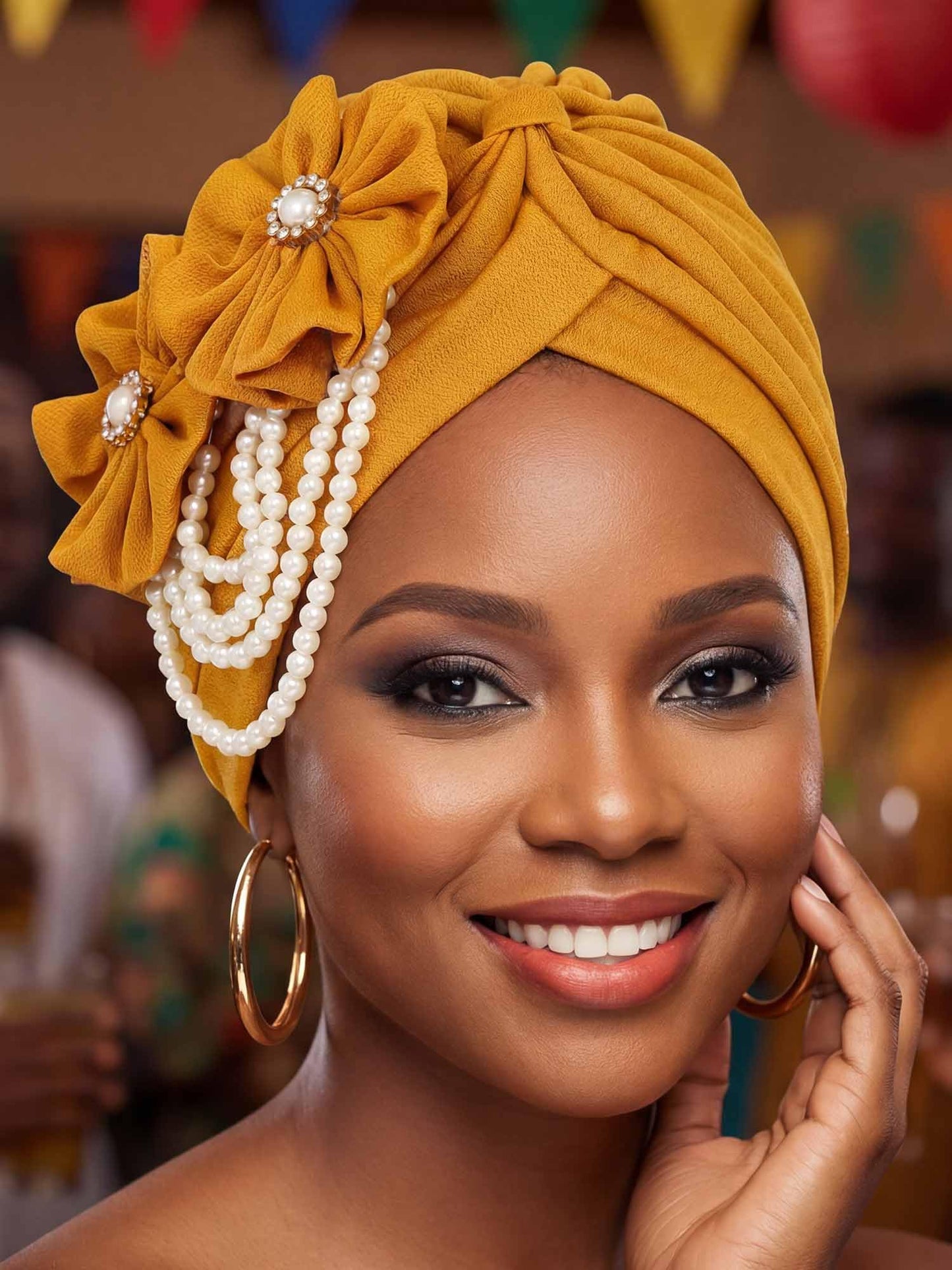 Woeoe Pearl Flower African Hats Pre-Tied Turbans Stretchy Twisted Church Wedding Head Wraps for Women