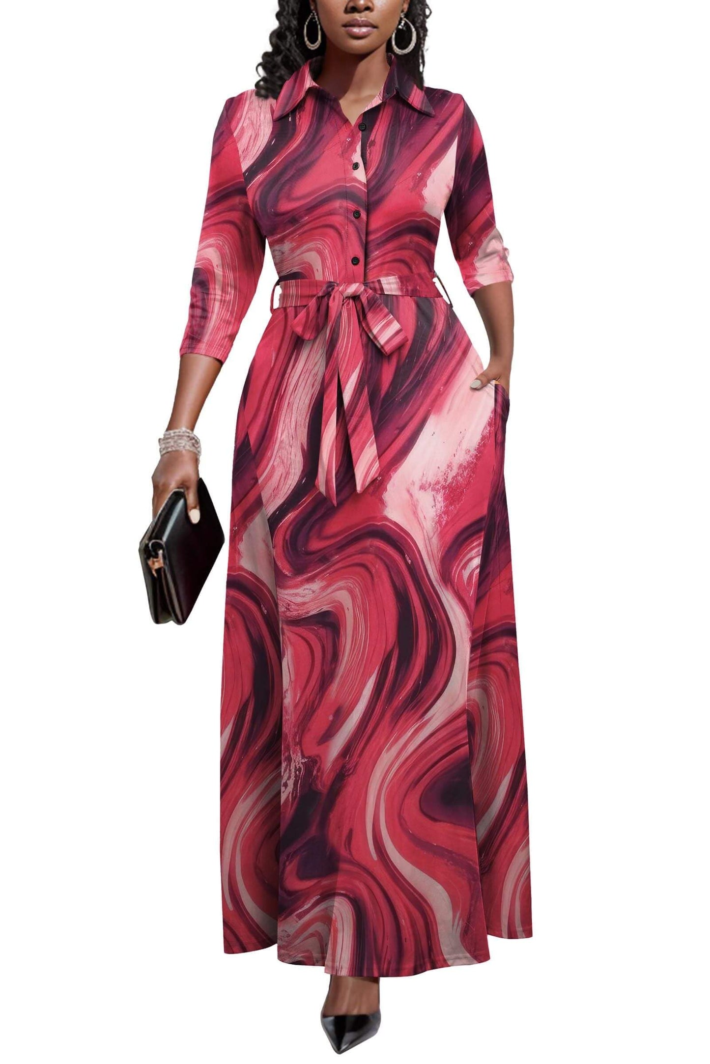 Runwind Women Church Maxi Dresses 3/4 Sleeve Button Down Print Casual Office Dress African