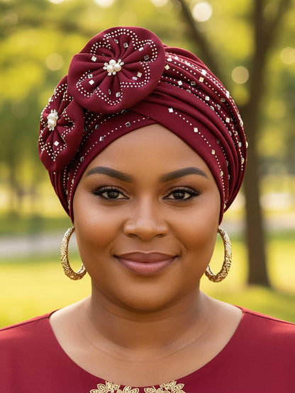 Woeoe Beanie Cap Head Wrap Black Rhinestones Head Scarf Flower Pearls Twisted Head Turban for Women Girls