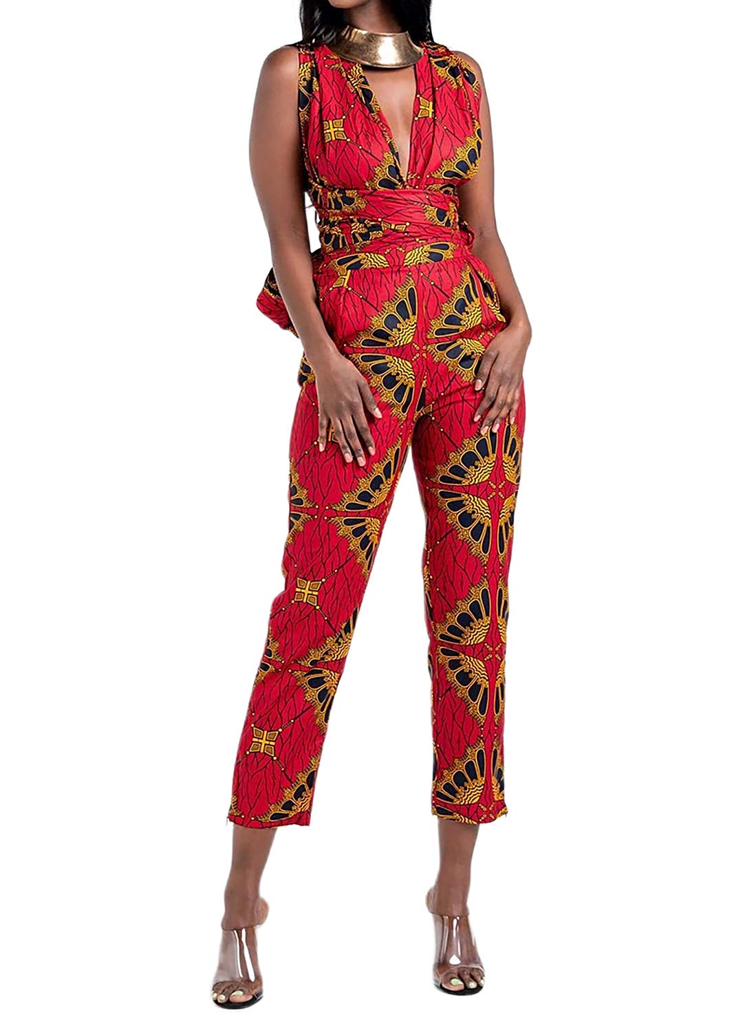 Women's African Jumpsuits Rompers V-Neck Multi-Way Wide Leg Pants